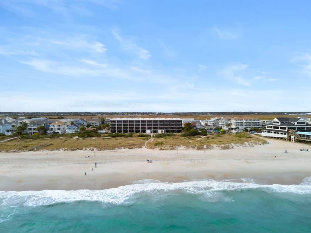 drone view of Surf Suites and beach from the ocean